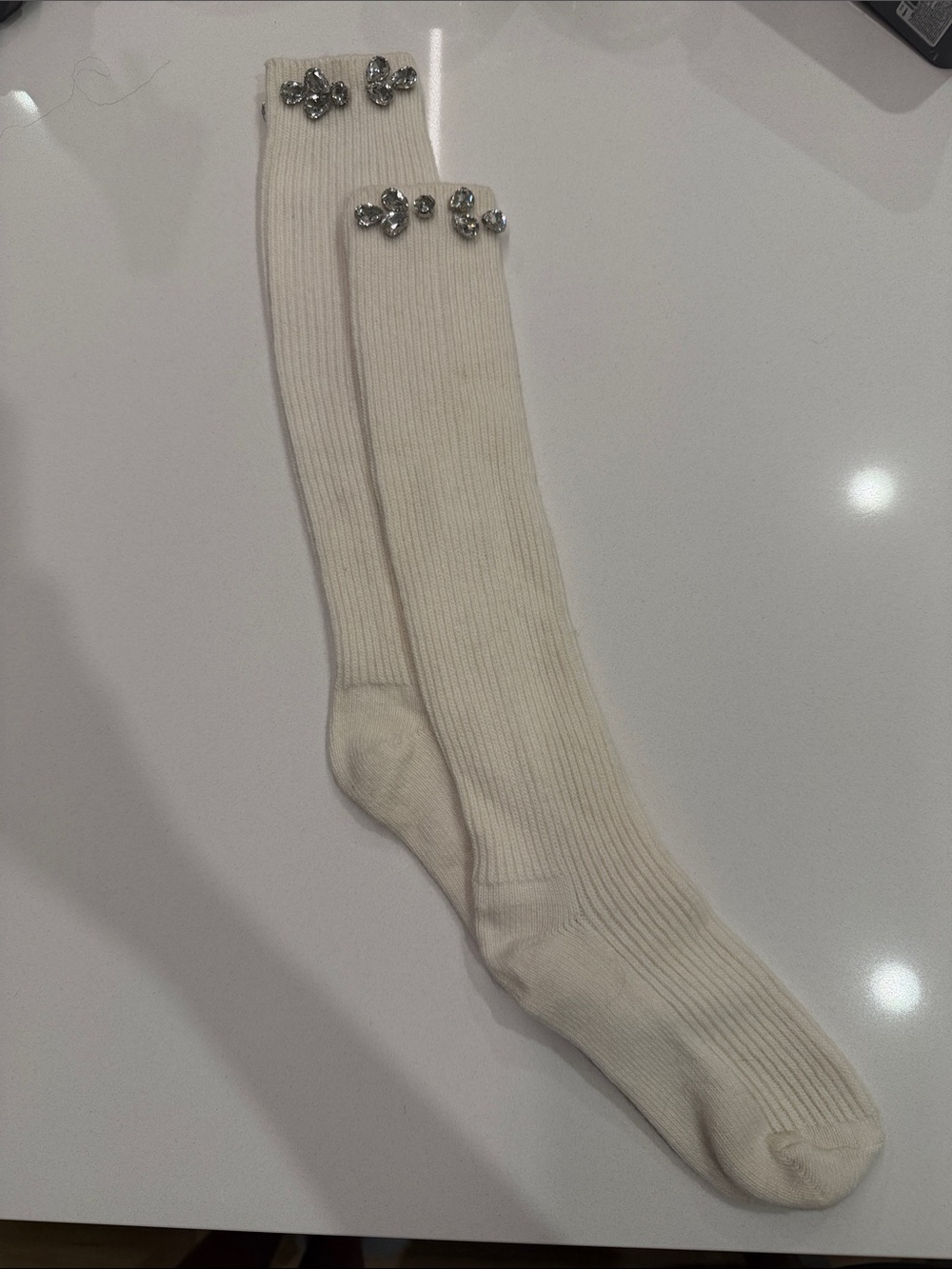 Maje New White, Ecru Long Knee High Socks With Rhinestone Embellished Size: OS